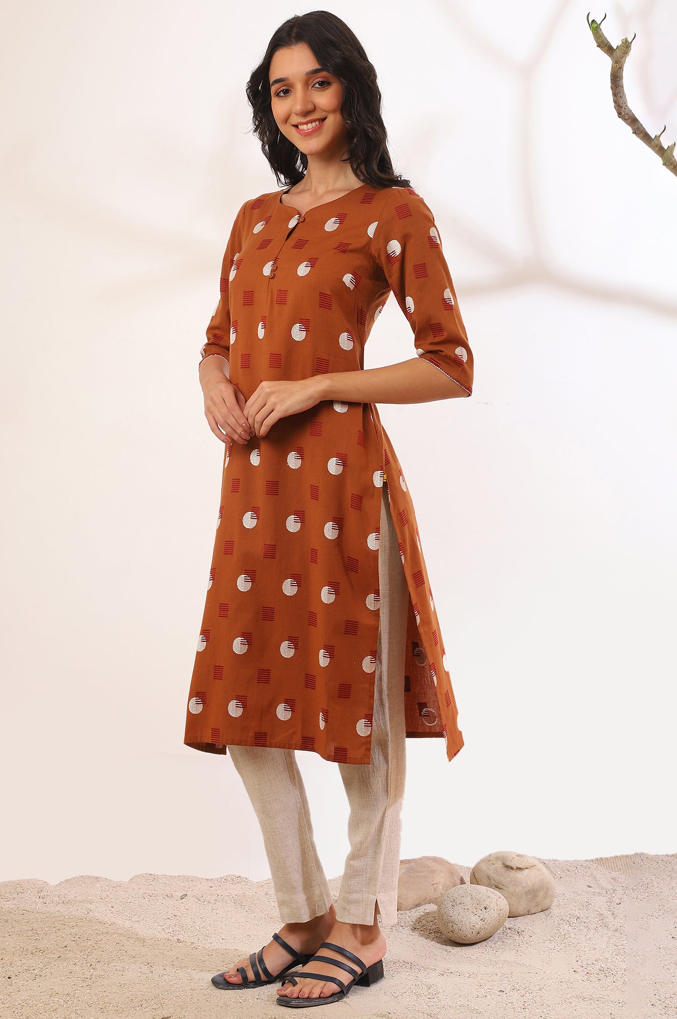 Orange Yarn Dyed Straight Cotton Flax Kurta