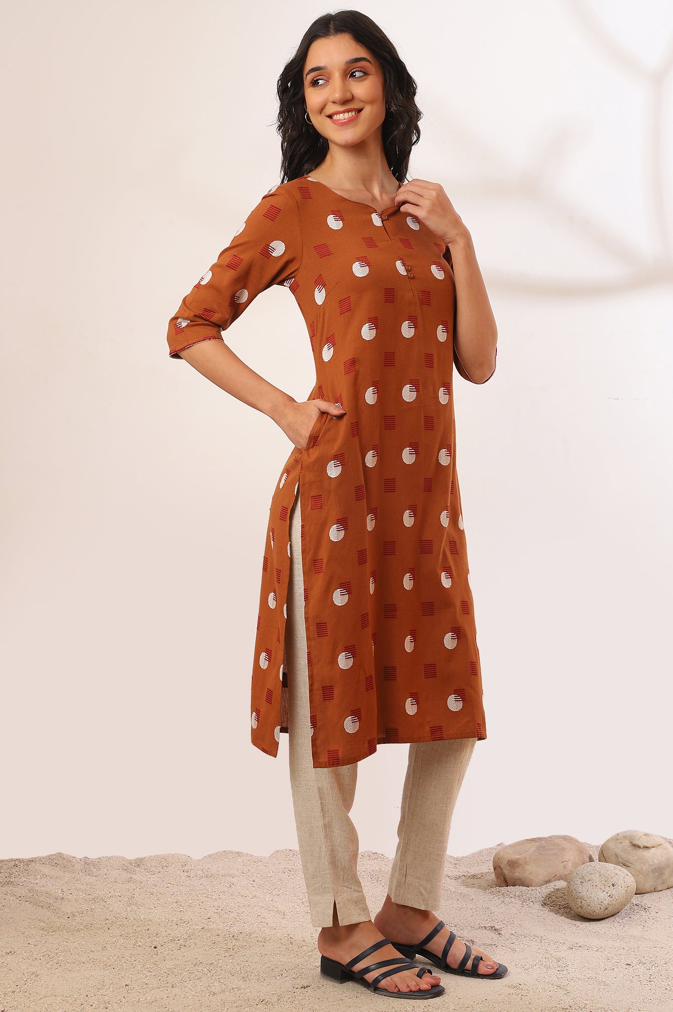 Orange Yarn Dyed Straight Cotton Flax Kurta