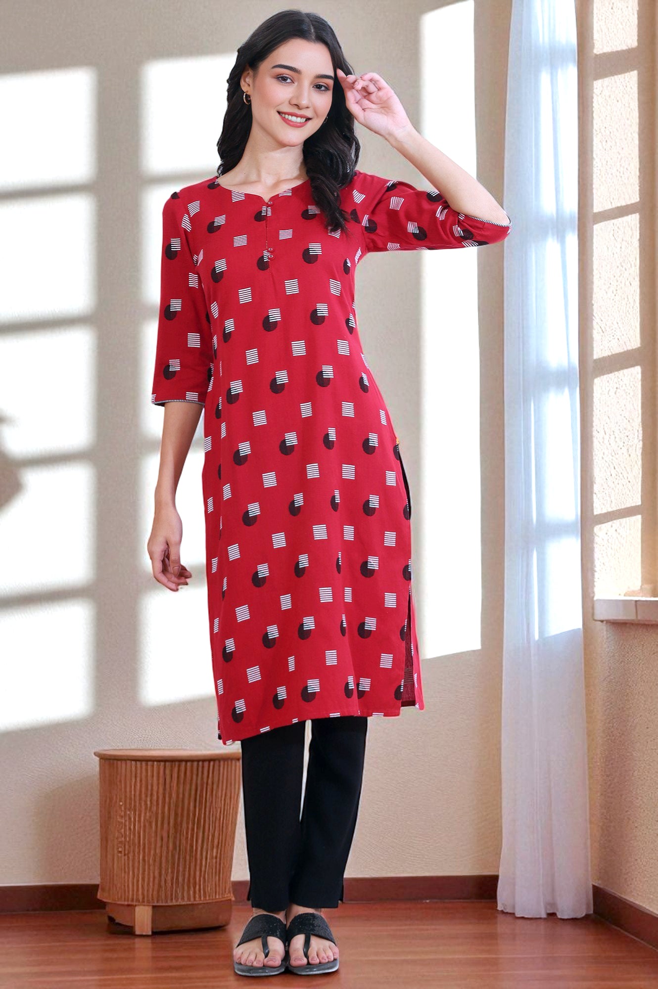 Red Yarn Dyed Straight Cotton Blend Kurta