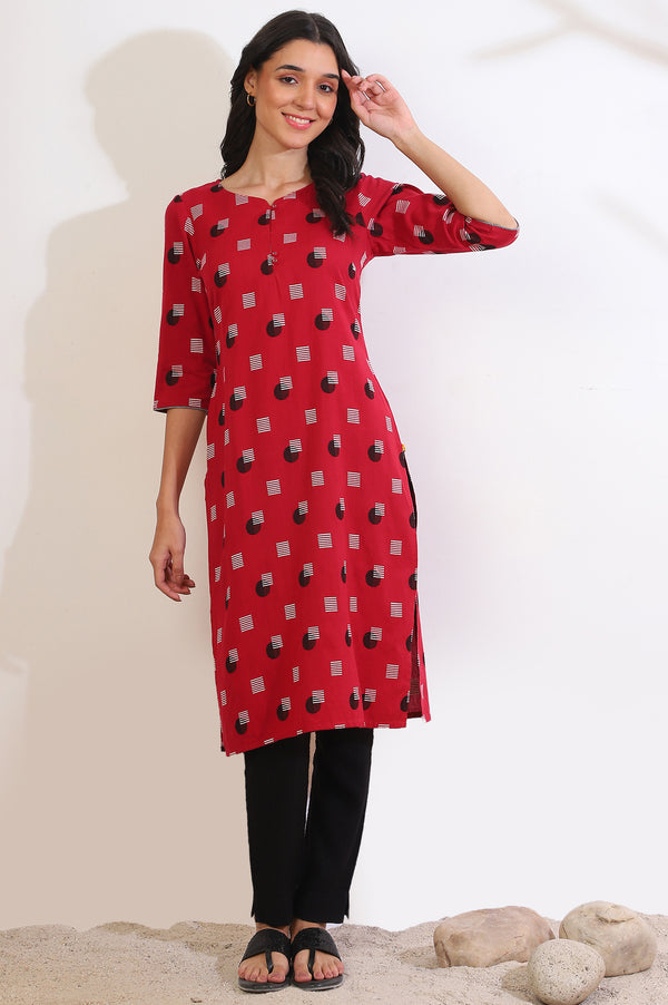 Red Yarn Dyed Straight Cotton Blend Kurta