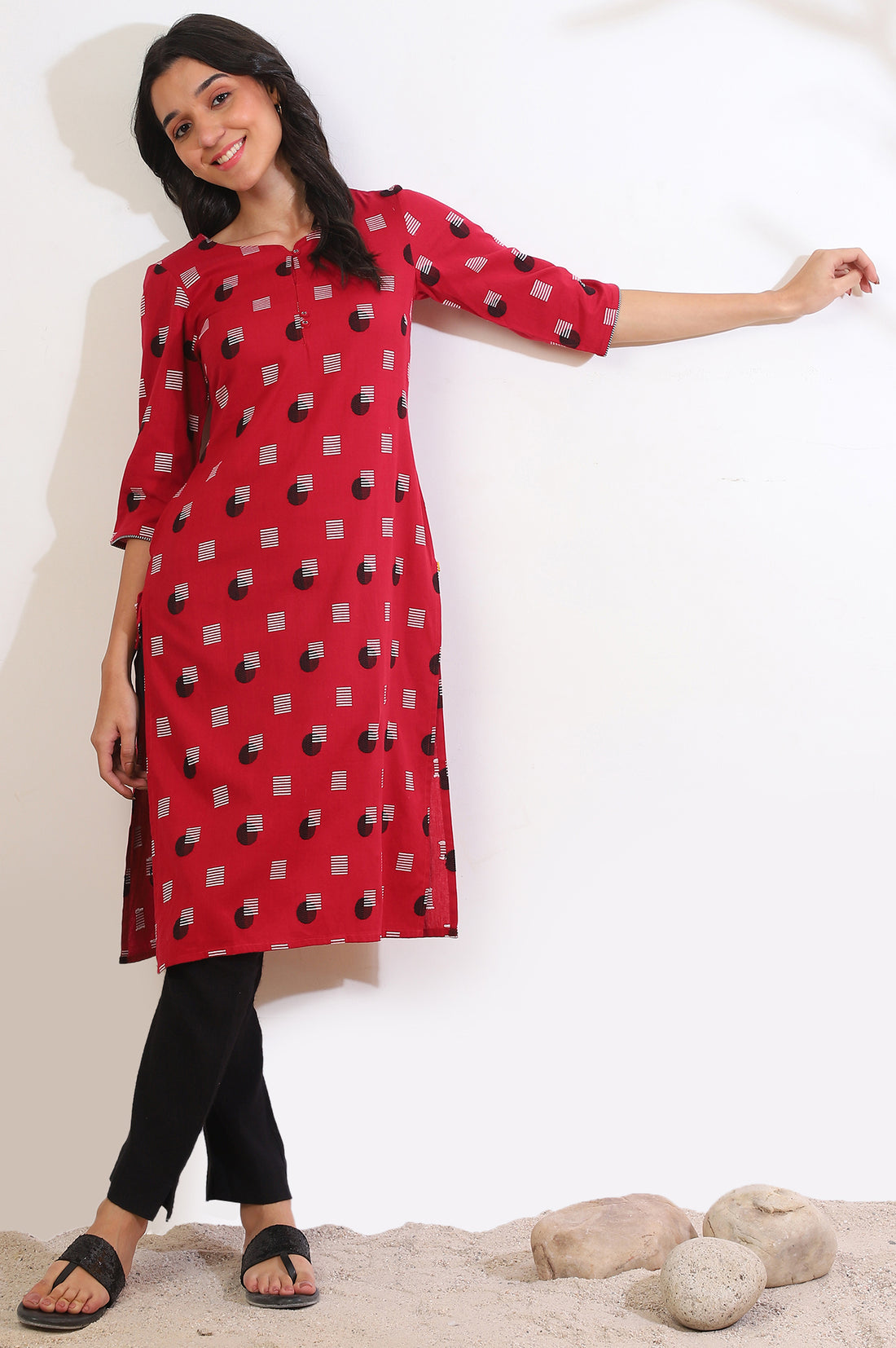 Red Yarn Dyed Straight Cotton Blend Kurta