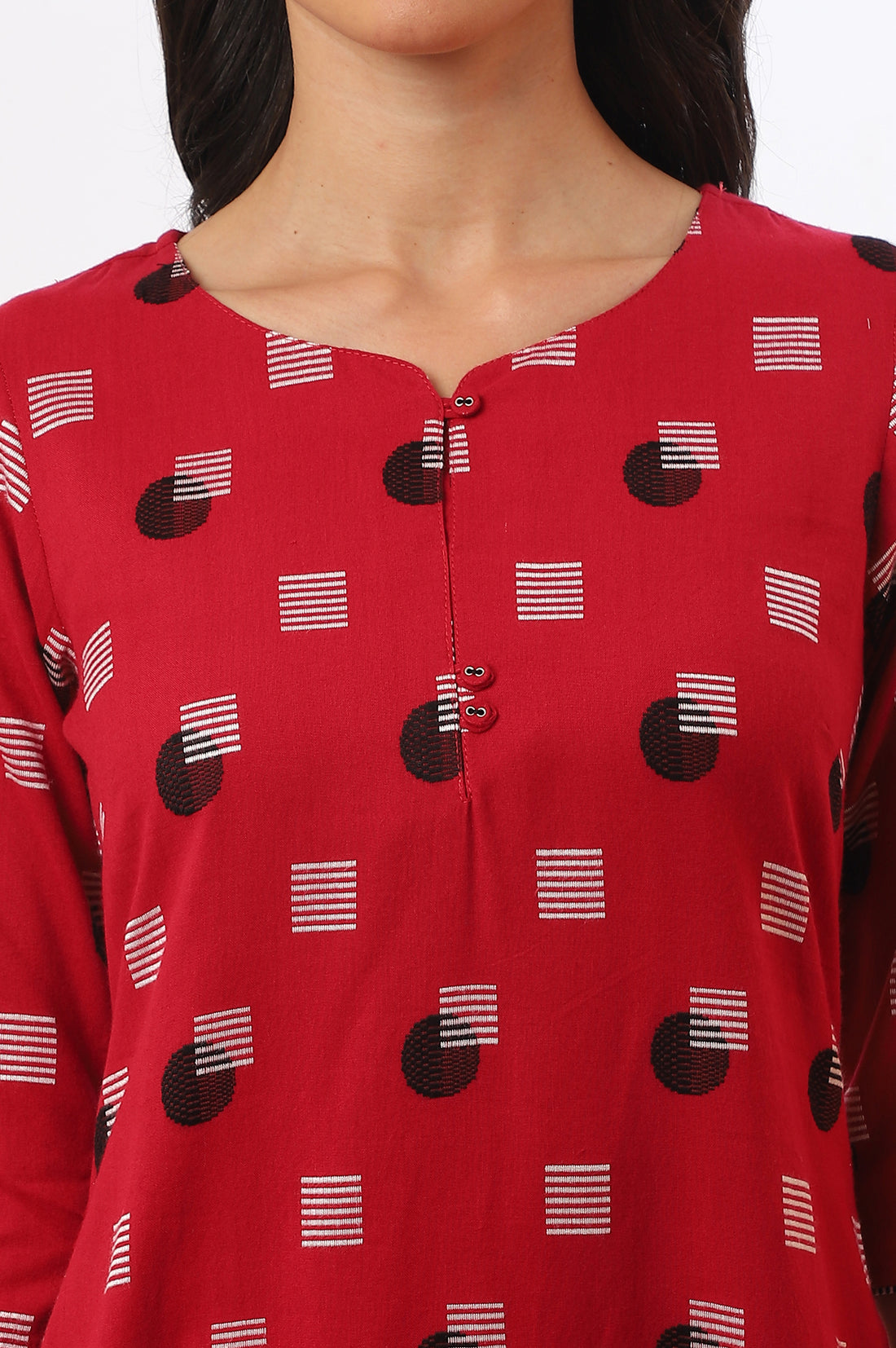 Red Yarn Dyed Straight Cotton Blend Kurta