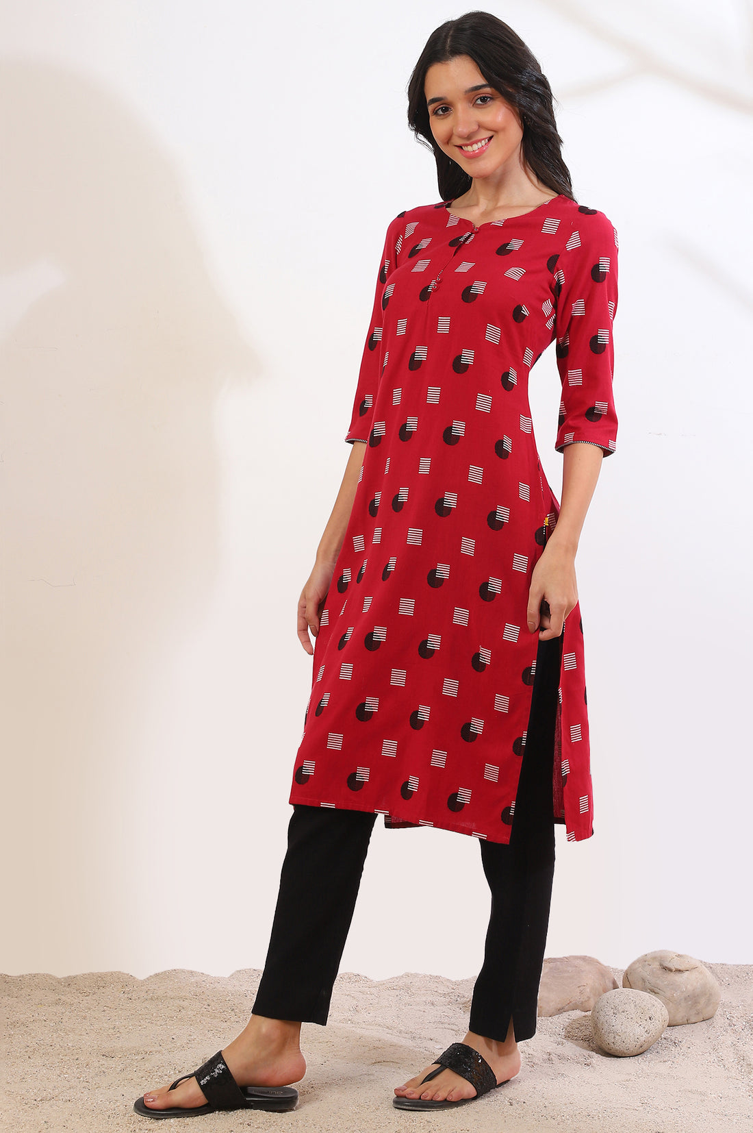 Red Yarn Dyed Straight Cotton Blend Kurta