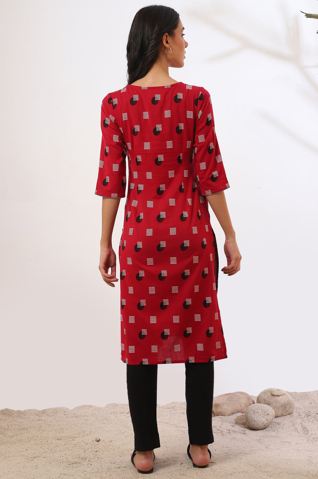 Red Yarn Dyed Straight Cotton Blend Kurta