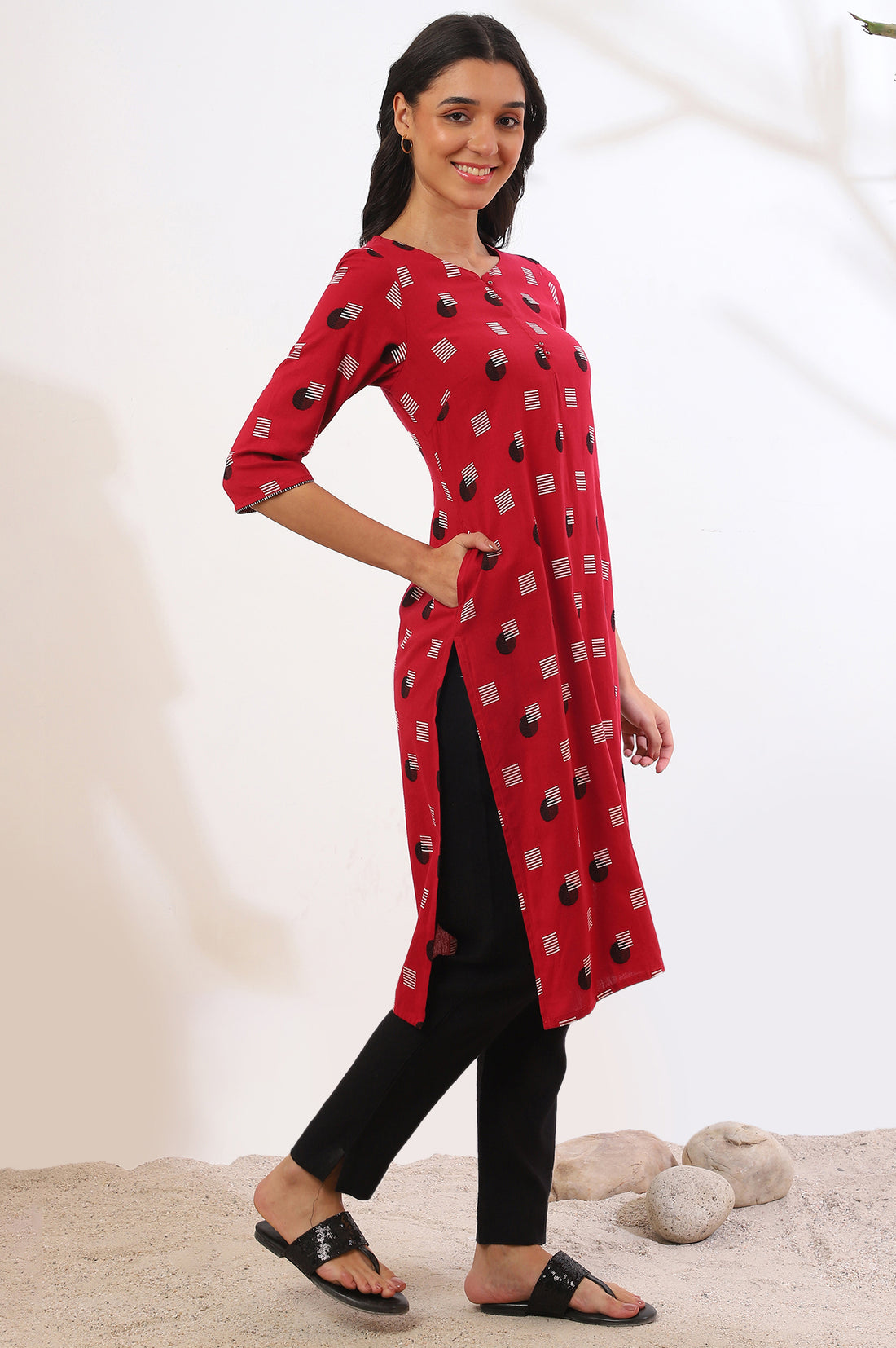 Red Yarn Dyed Straight Cotton Blend Kurta