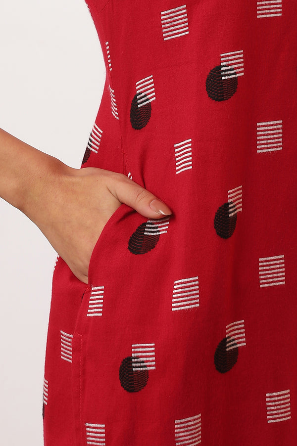 Red Yarn Dyed Straight Cotton Blend Kurta