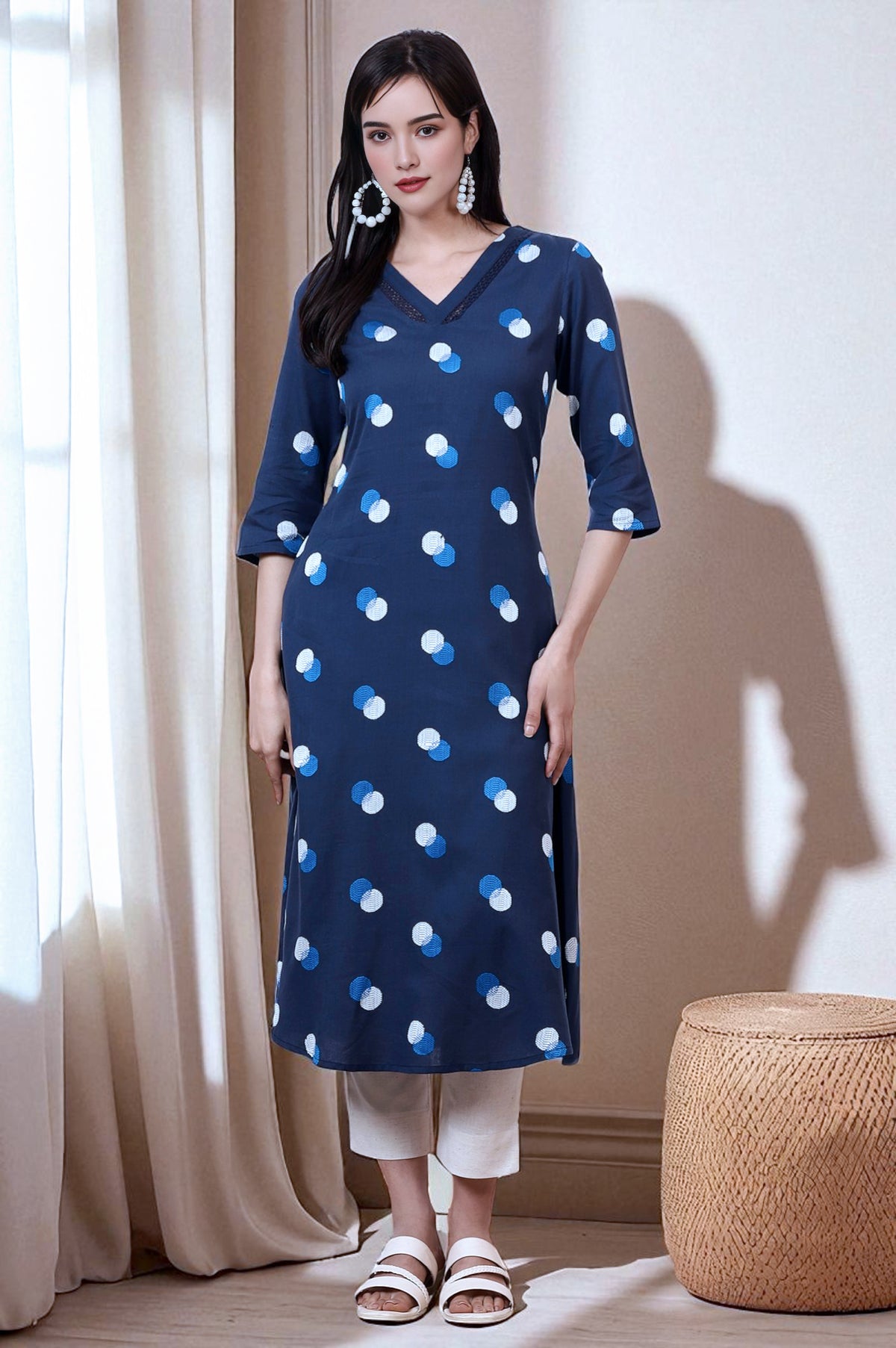Midnight blue Polka Dots Cotton Rayon A-line Kurta - XS
