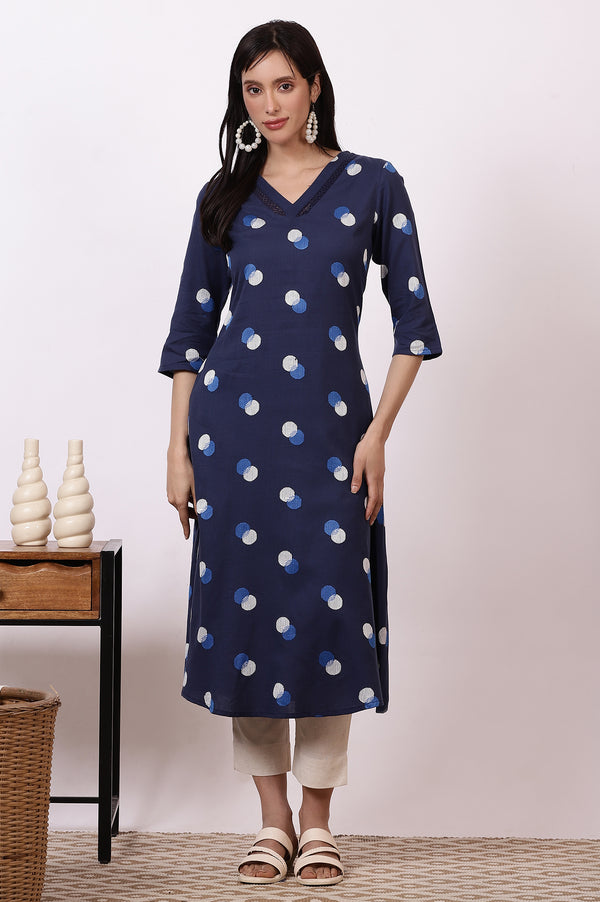 Midnight blue Polka Dots Cotton Rayon A-line Kurta