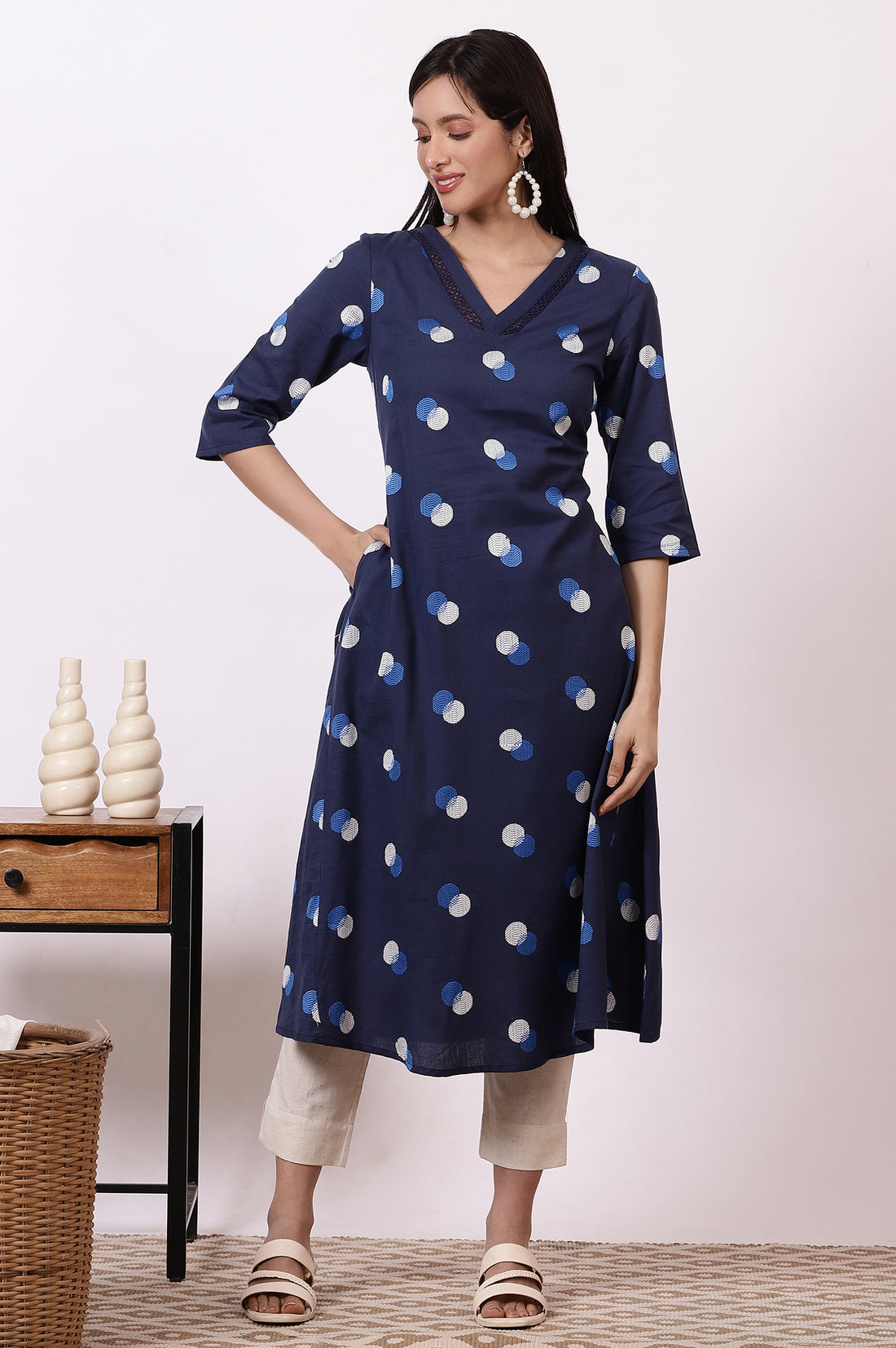 Midnight blue Polka Dots Cotton Rayon A-line Kurta