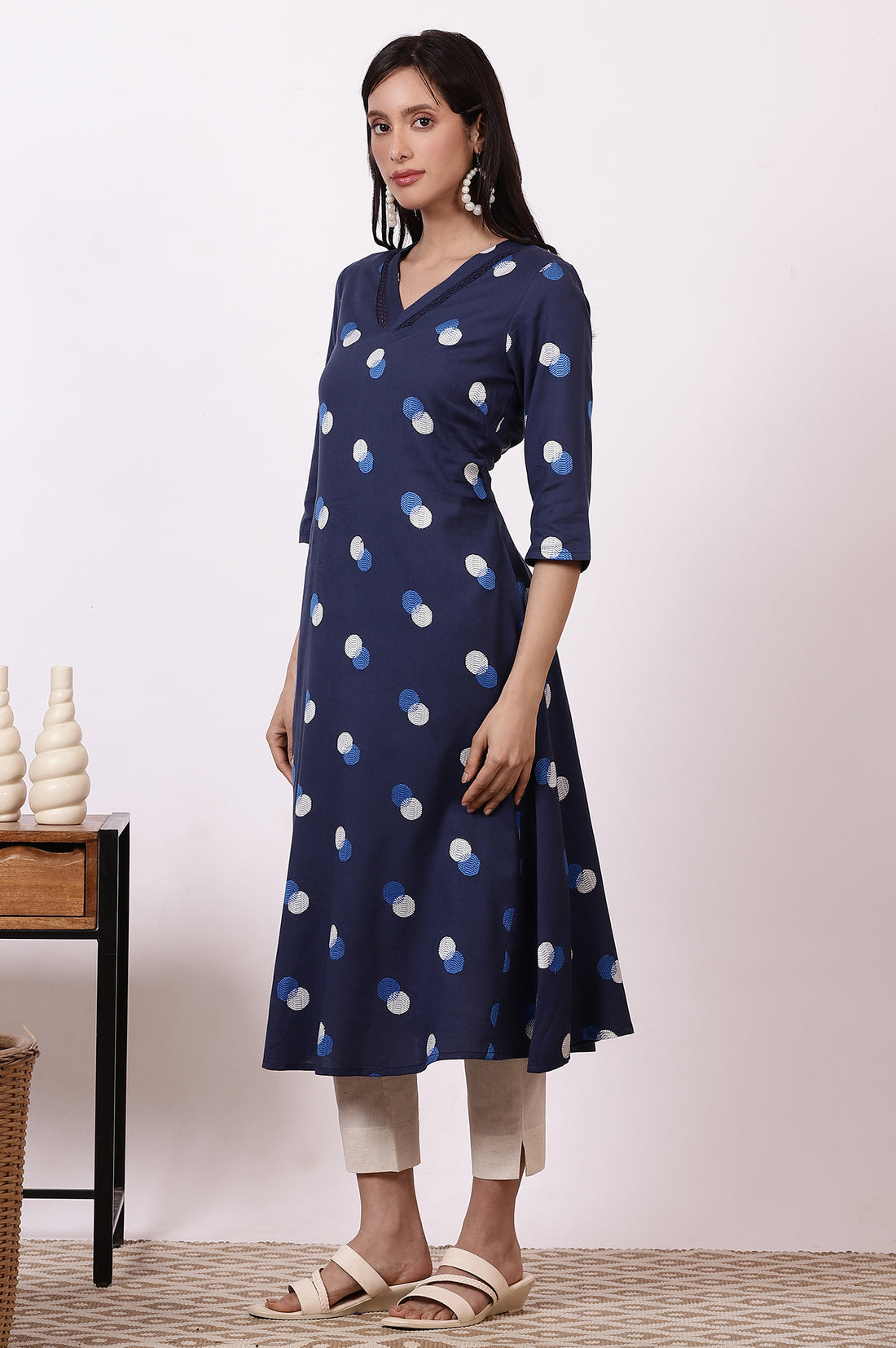 Midnight blue Polka Dots Cotton Rayon A-line Kurta