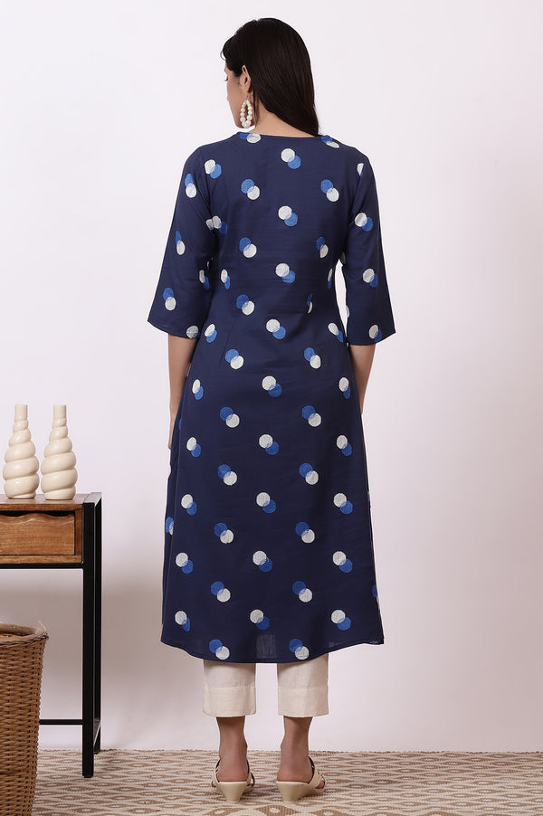 Midnight blue Polka Dots Cotton Rayon A-line Kurta