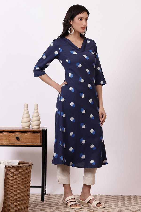 Midnight blue Polka Dots Cotton Rayon A-line Kurta