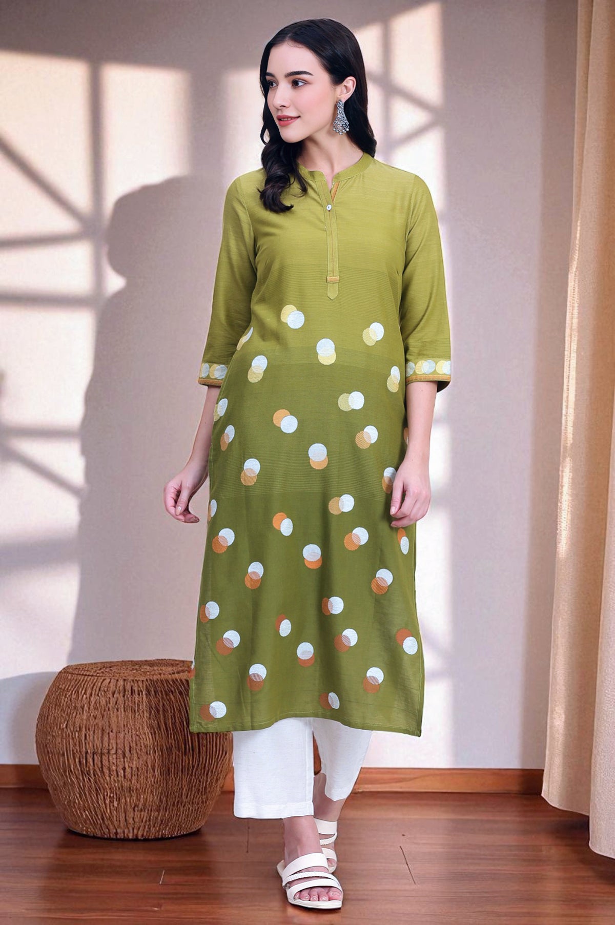 Green Printed Jacquard Straight Kurta with Thread Work - XS