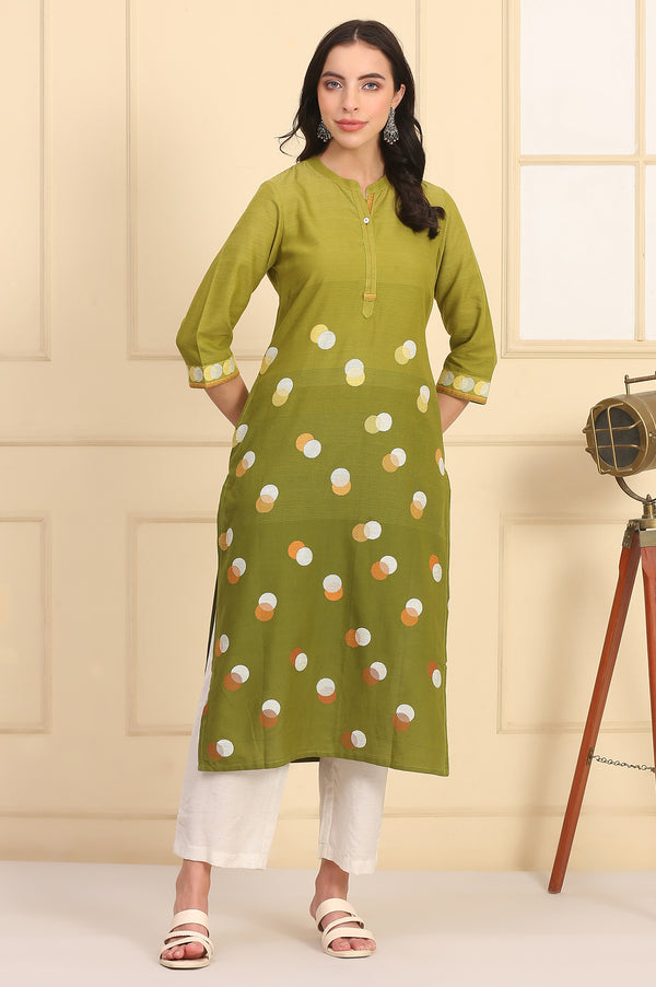 Green Printed Jacquard Straight Kurta with Thread Work