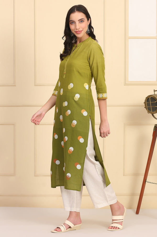 Green Printed Jacquard Straight Kurta with Thread Work