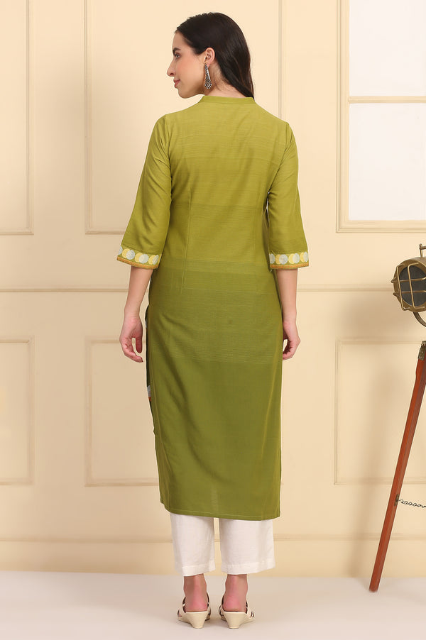 Green Printed Jacquard Straight Kurta with Thread Work