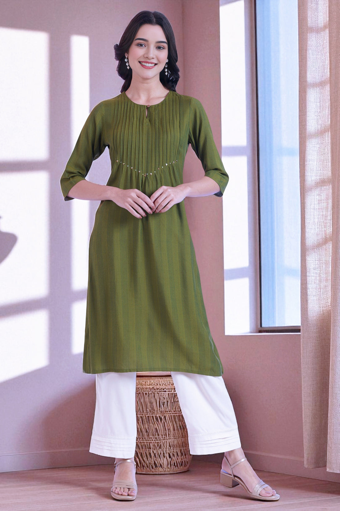 Green Yarn Dyed A-Line Rayon Kurta