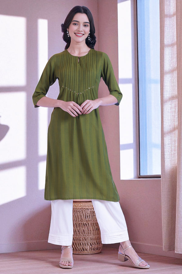 Green Yarn Dyed A-Line Rayon Kurta