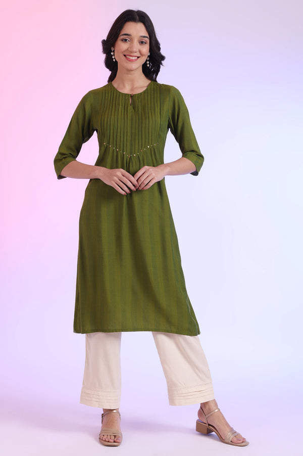 Green Yarn Dyed A-Line Rayon Kurta