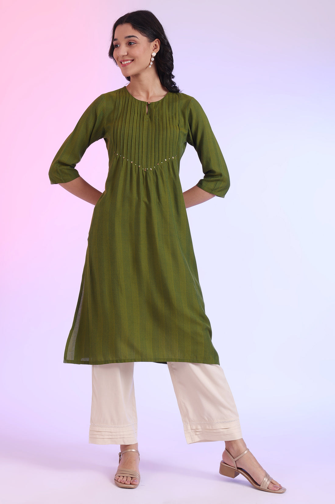 Green Yarn Dyed A-Line Rayon Kurta