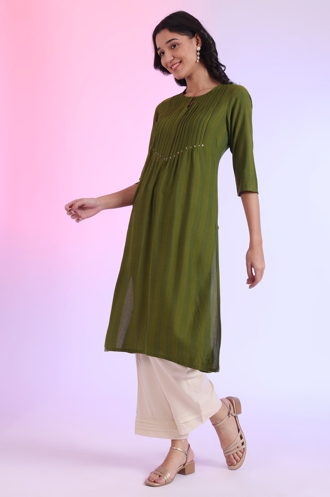 Green Yarn Dyed A-Line Rayon Kurta
