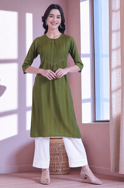 Green Yarn Dyed A-Line Rayon Kurta