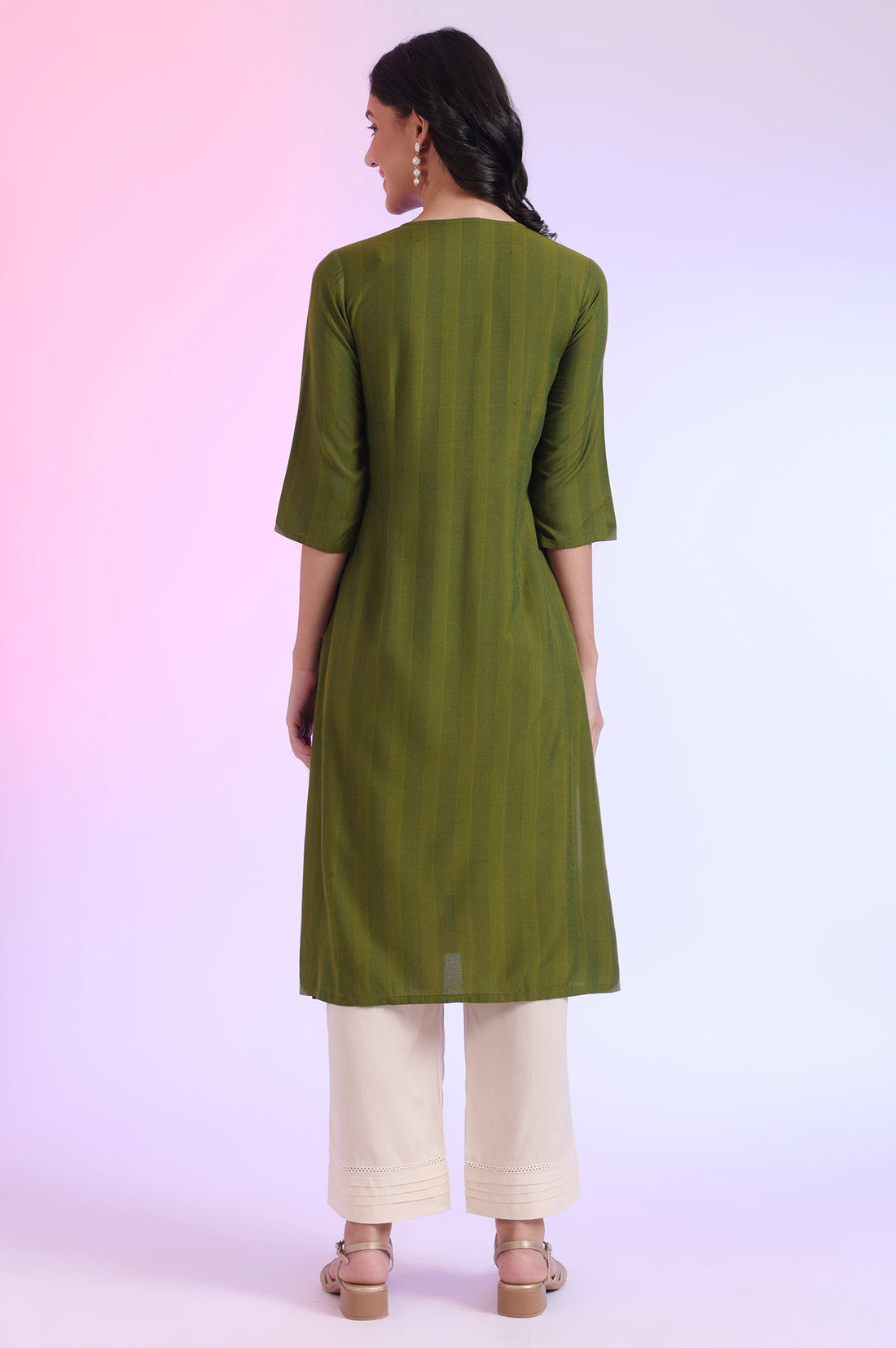 Green Yarn Dyed A-Line Rayon Kurta