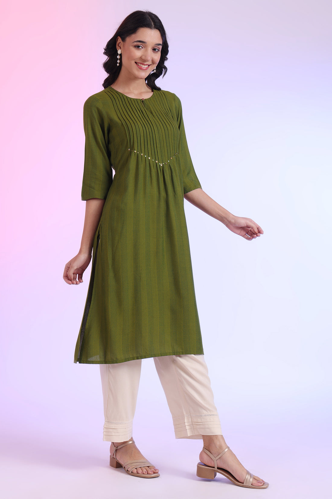 Green Yarn Dyed A-Line Rayon Kurta