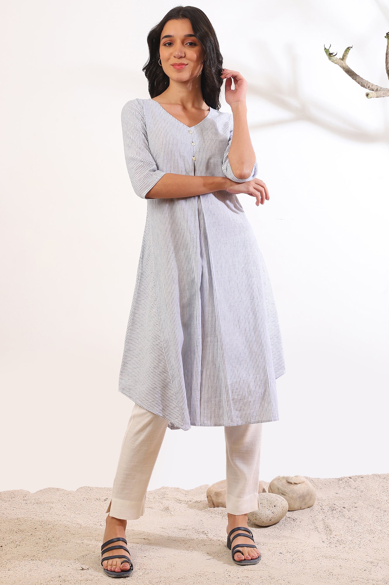 Blue Yarn Dyed A-Line Cotton Blend Kurta