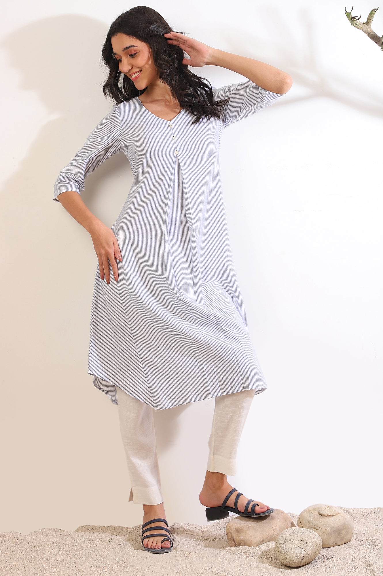 Blue Yarn Dyed A-Line Cotton Blend Kurta