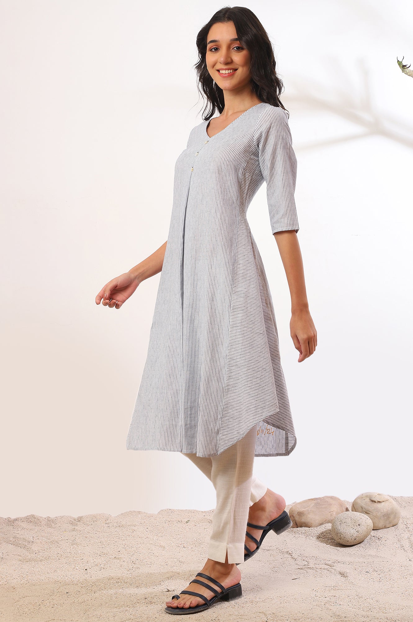 Blue Yarn Dyed A-Line Cotton Blend Kurta