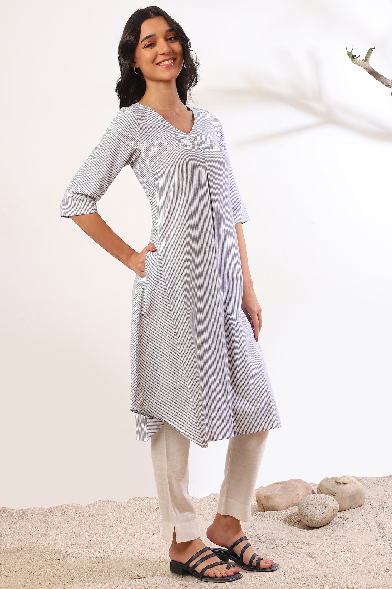 Blue Yarn Dyed A-Line Cotton Blend Kurta