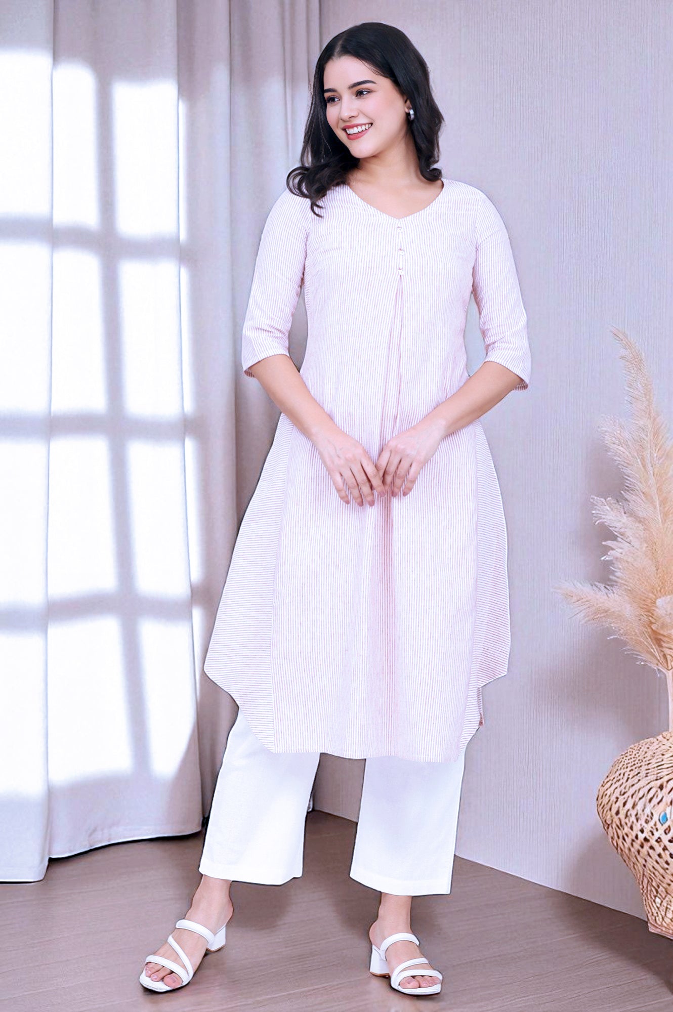 Russet Orange Striped Cotton Flax Flared Kurta