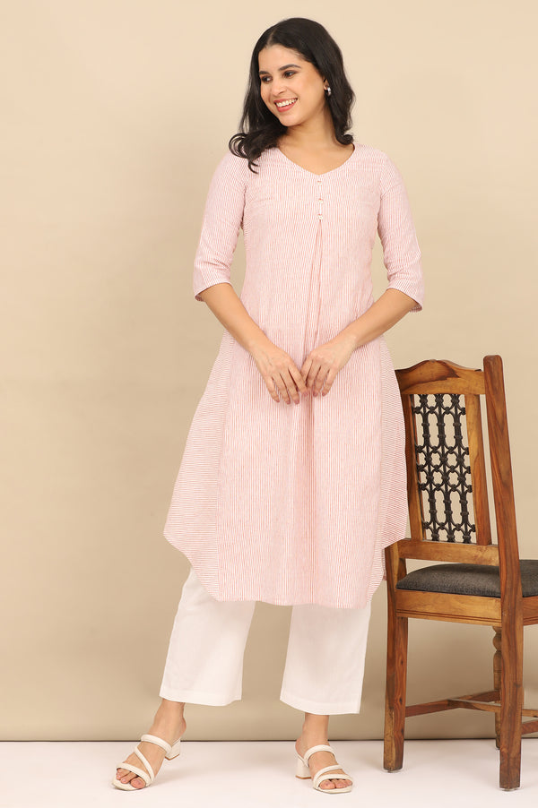 Russet Orange Striped Cotton Flax Flared Kurta