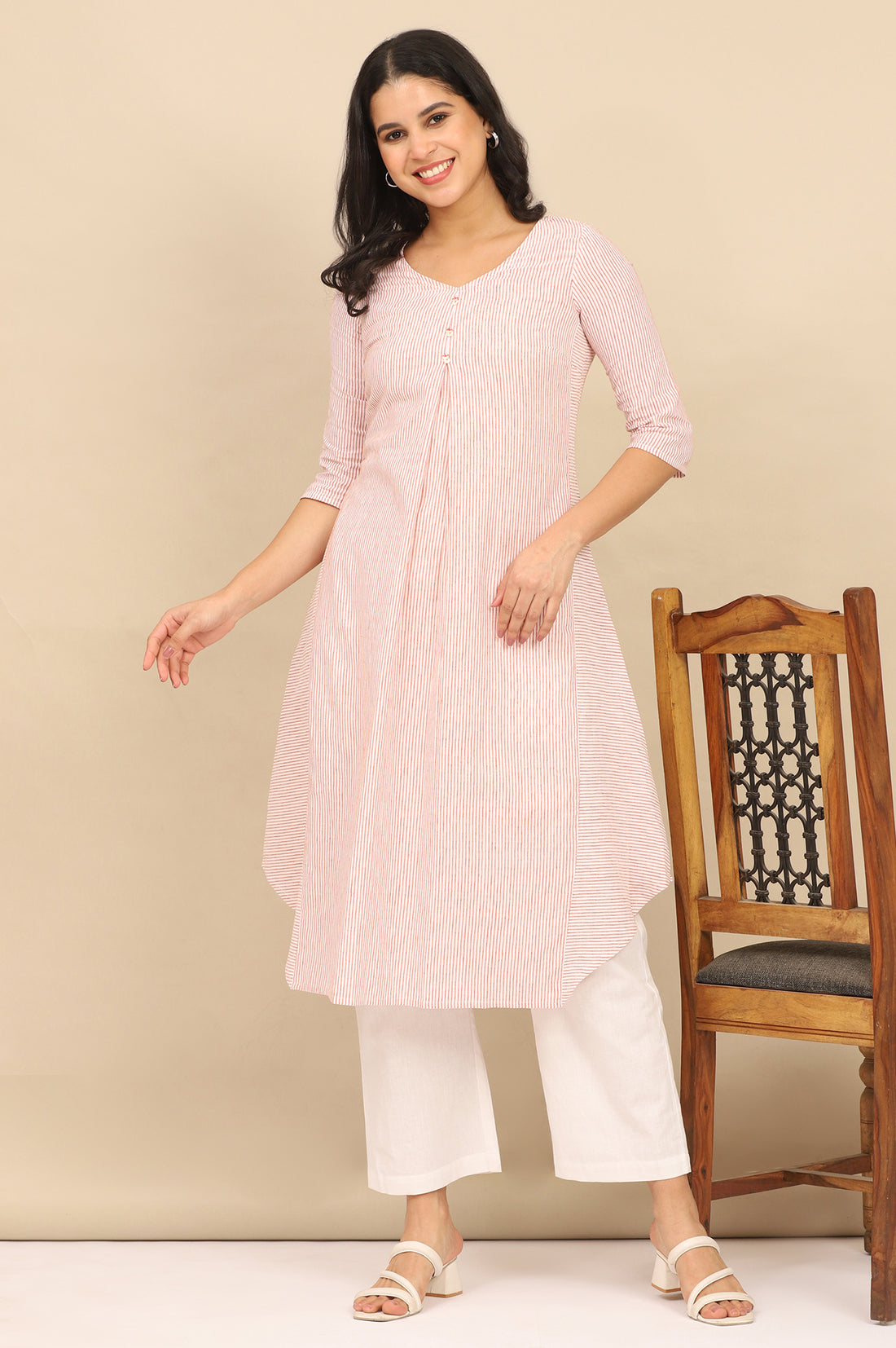 Russet Orange Striped Cotton Flax Flared Kurta