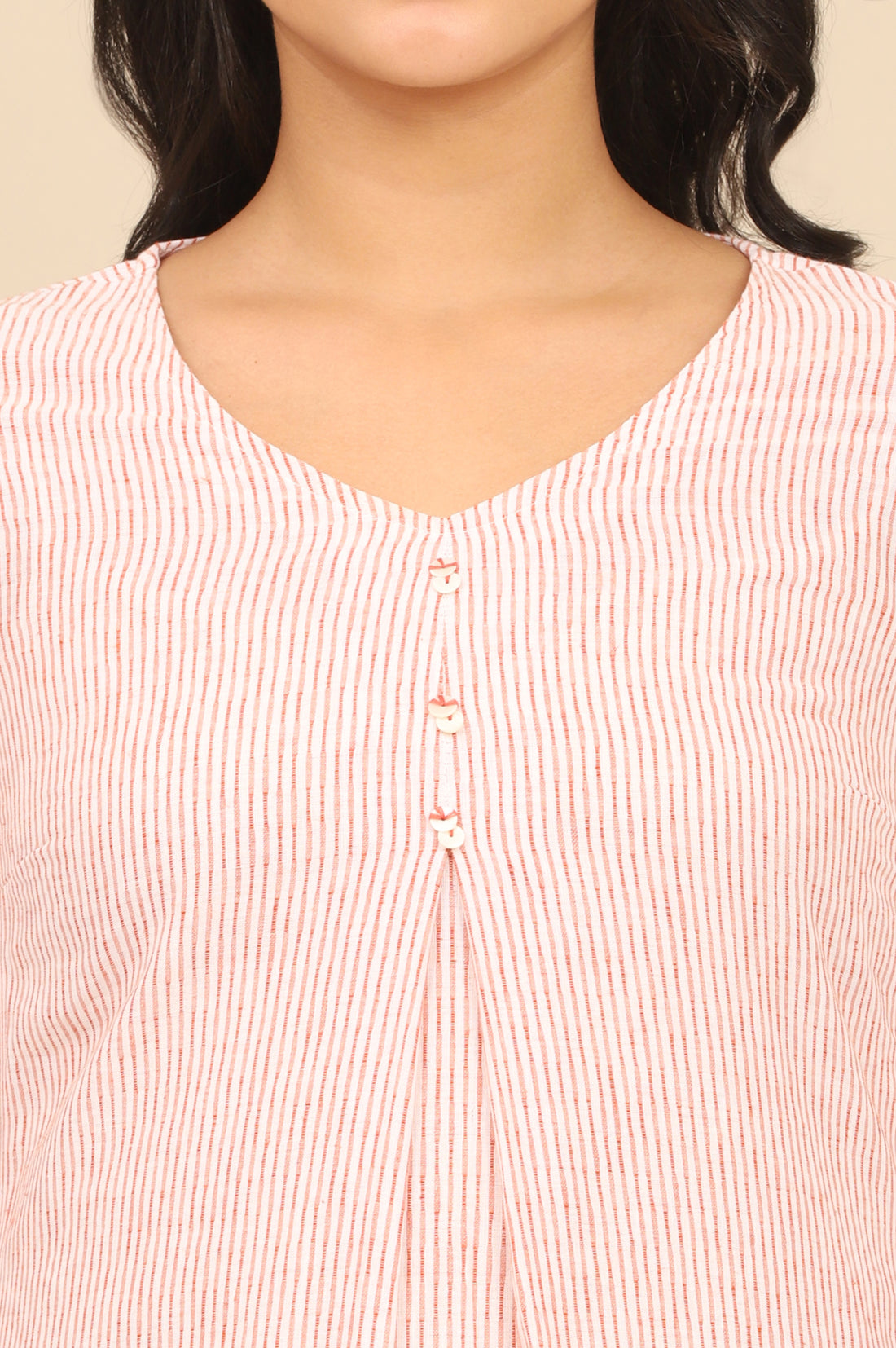 Russet Orange Striped Cotton Flax Flared Kurta