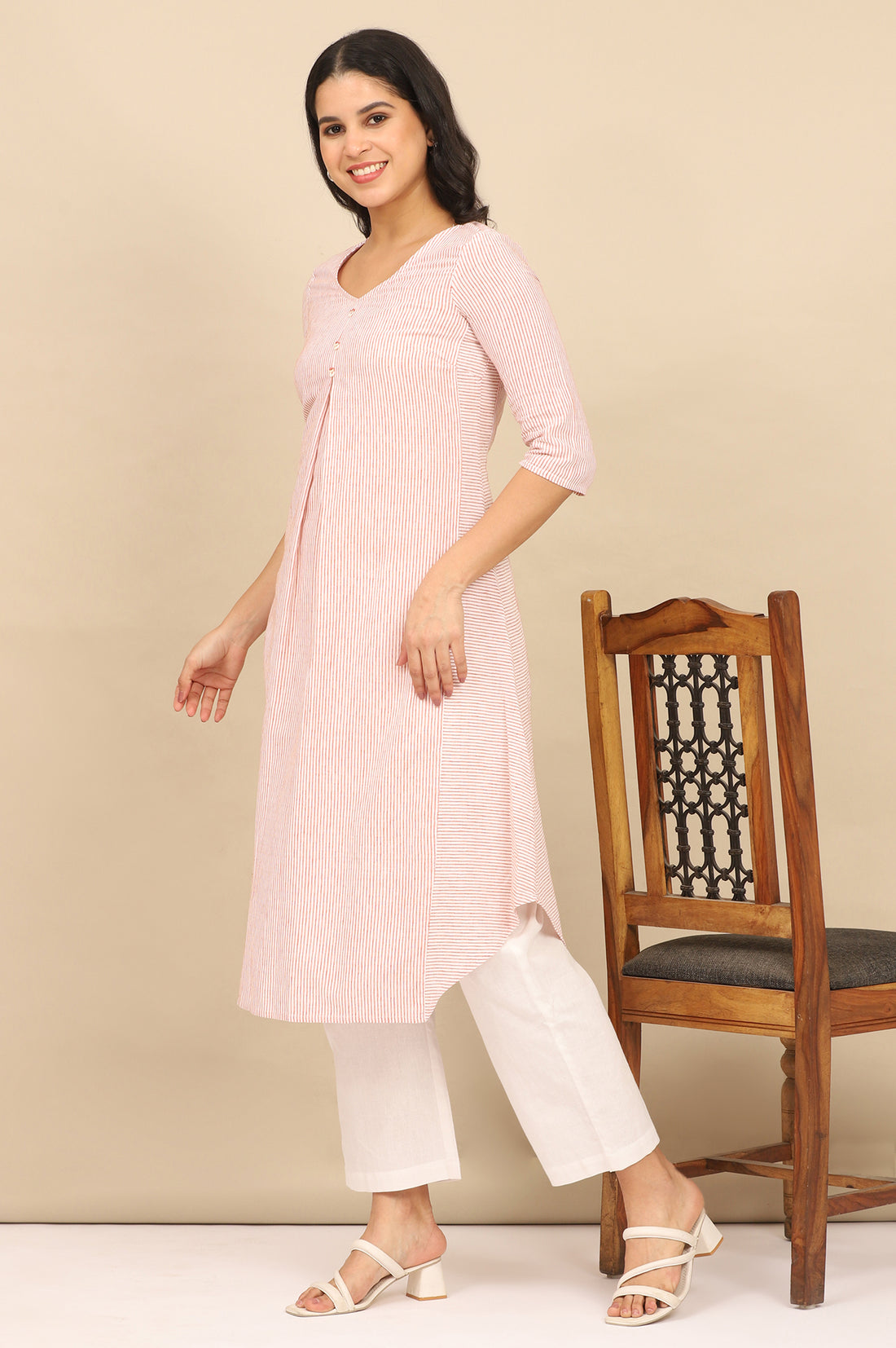 Russet Orange Striped Cotton Flax Flared Kurta