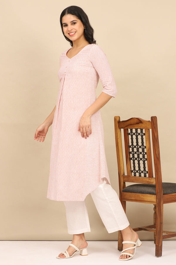 Russet Orange Striped Cotton Flax Flared Kurta