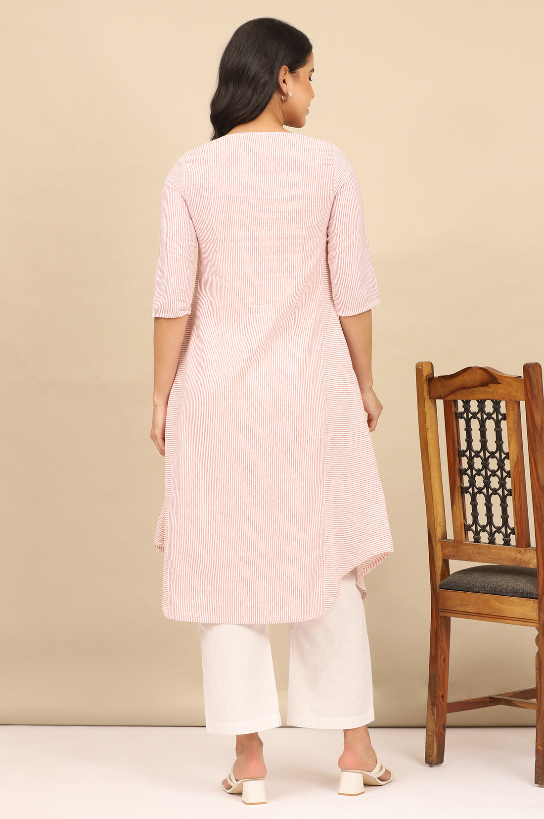 Russet Orange Striped Cotton Flax Flared Kurta