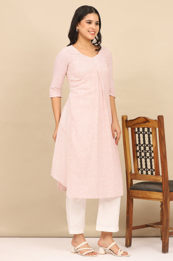 Russet Orange Striped Cotton Flax Flared Kurta