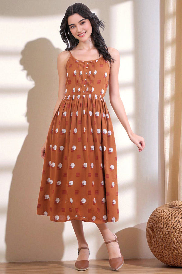 Orange Polka Dots Cotton Rayon A-Line Spaghetti Dress