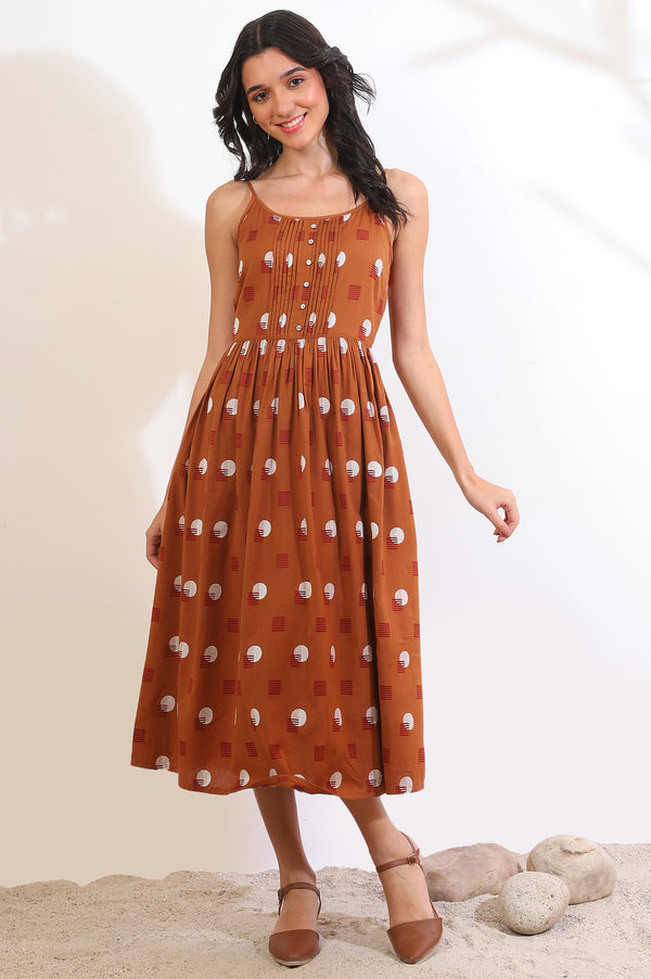 Orange Polka Dots Cotton Rayon A-Line Spaghetti Dress
