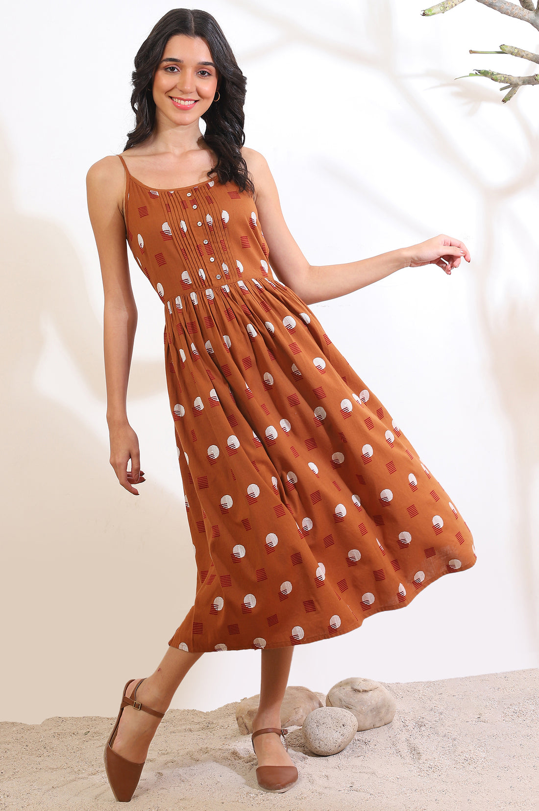 Orange Polka Dots Cotton Rayon A-Line Spaghetti Dress