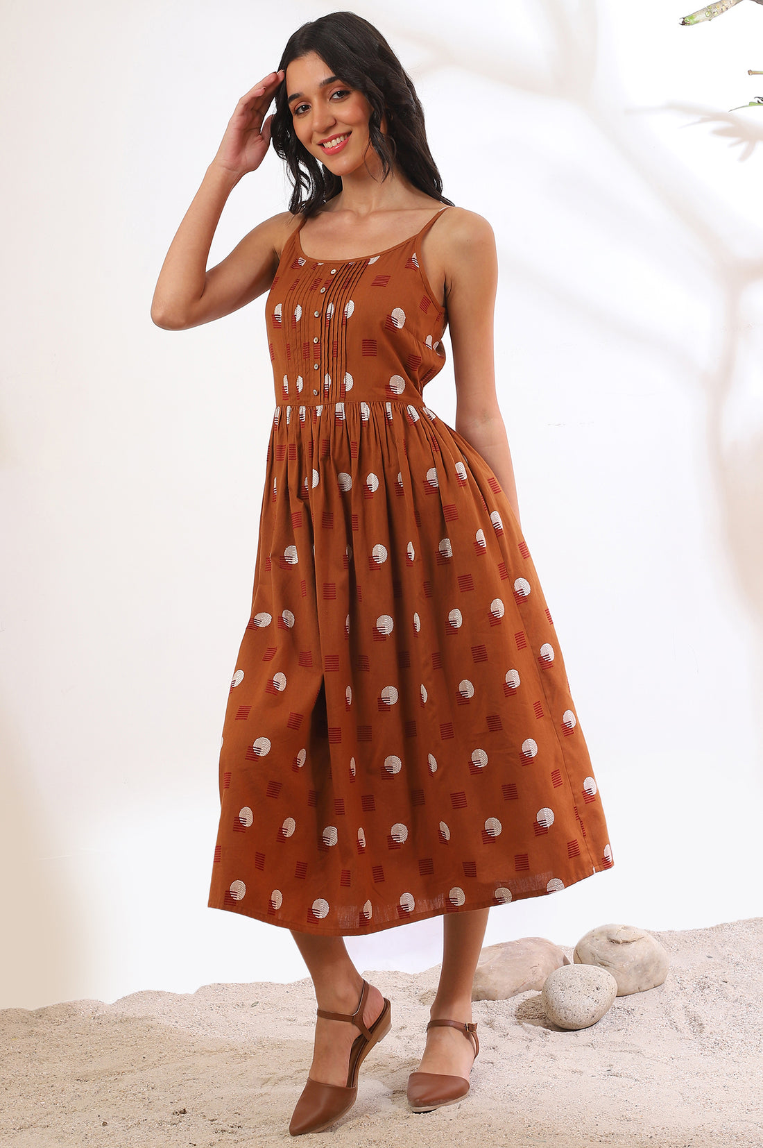 Orange Polka Dots Cotton Rayon A-Line Spaghetti Dress