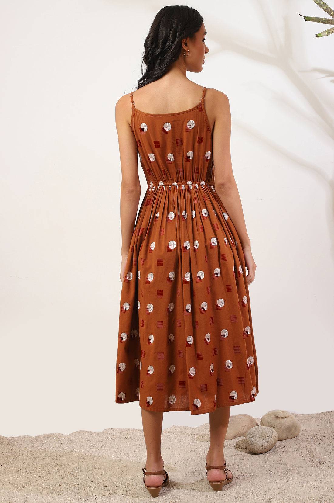 Orange Polka Dots Cotton Rayon A-Line Spaghetti Dress