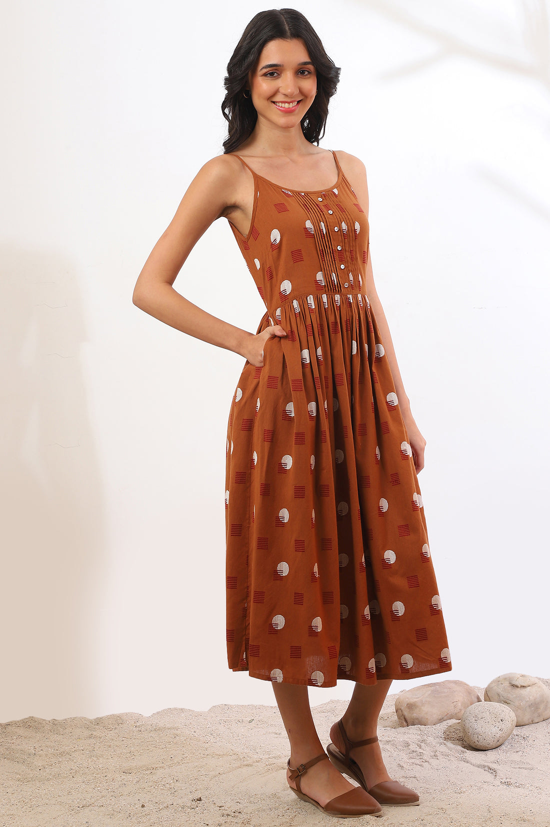 Orange Polka Dots Cotton Rayon A-Line Spaghetti Dress