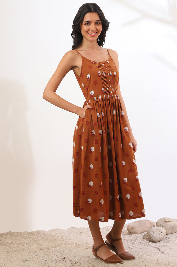 Orange Polka Dots Cotton Rayon A-Line Spaghetti Dress