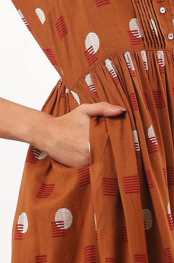 Orange Polka Dots Cotton Rayon A-Line Spaghetti Dress