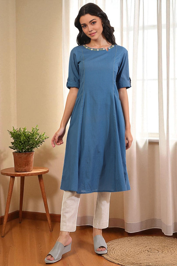 Blue Solid Straight Pure Cotton Kurta