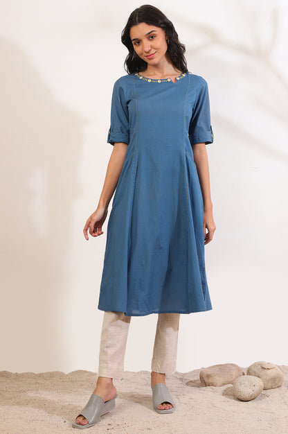 Blue Solid Straight Pure Cotton Kurta